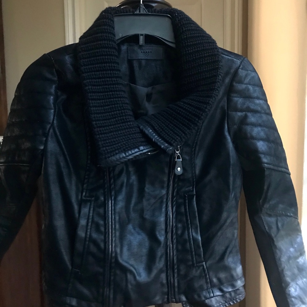 Girls Black Faux Leather Jacket w Knitted Collar